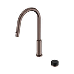 Nero Serenity pull out kitchen mixer in brushed bronze with black handle, shown with separate handle cap on white background