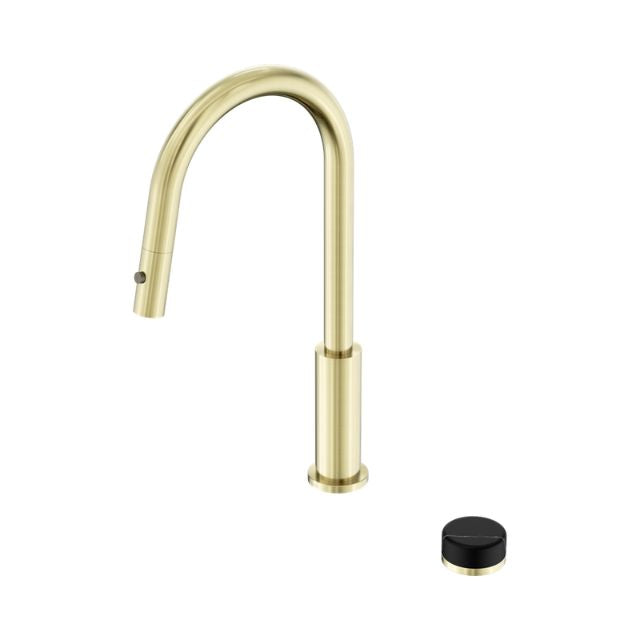 Nero Serenity pull out kitchen mixer in brushed gold with Marquina black handle, shown on white background