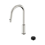 Nero Serenity brushed nickel pull out kitchen mixer tap with black Marquina handle, shown with round cap on white background