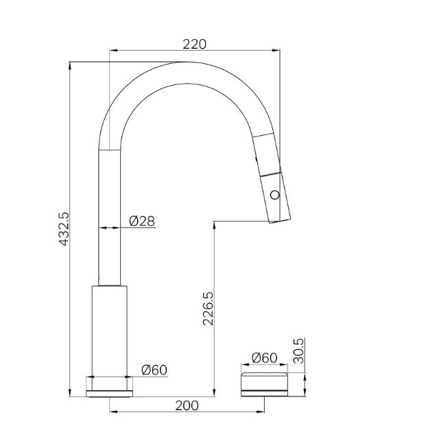 Nero Serenity pull out kitchen mixer technical drawing in brushed nickel, showing dimensions and side view with Marquina black handle