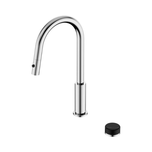Nero Serenity chrome kitchen mixer tap with pull-out spout and black handle, shown on white background