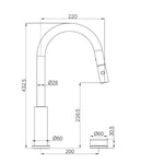 Technical drawing of Nero Serenity pull-out kitchen mixer in chrome, showing dimensions and spout reach with Marquina black handle detail