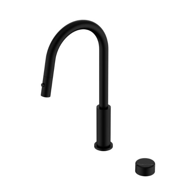 Nero Serenity pull out kitchen mixer tap in matte black with Marquina Black handle, shown with separate round handle piece