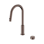 Nero Serenity pull-out kitchen mixer in brushed bronze with metal handle and separate round control knob, front view on white background