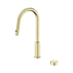 Nero Serenity pull out kitchen mixer in brushed gold, with curved gooseneck spout and separate metal handle on white background