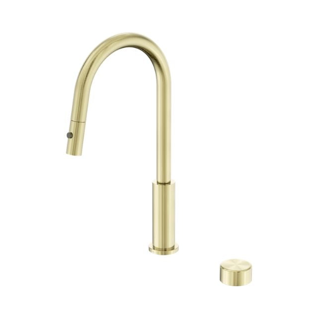 Nero Serenity pull out kitchen mixer in brushed gold, with curved gooseneck spout and separate metal handle on white background