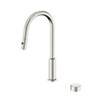 Nero Serenity brushed nickel pull-out kitchen mixer tap with separate round metal handle, front view on white background