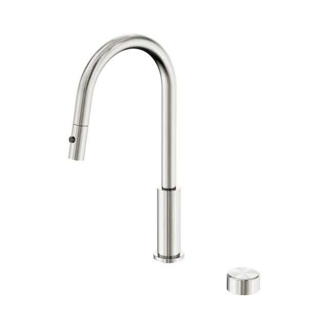 Nero Serenity brushed nickel pull-out kitchen mixer tap with separate round metal handle, front view on white background