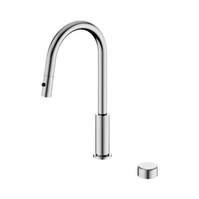 Nero Serenity chrome pull-out kitchen mixer with curved gooseneck spout and metal handle, shown on white background