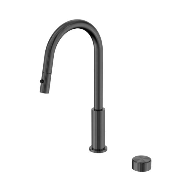 Nero Serenity gunmetal pull out kitchen mixer tap with curved gooseneck spout and separate metal handle on white background