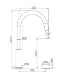 Technical drawing of Nero Serenity pull out kitchen mixer in gun metal, showing side profile and dimensions 432.5mm high with 220mm spout reach