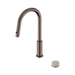 Nero Serenity pull out kitchen mixer in brushed bronze with Rome travertine handle, shown with separate handle piece on white background