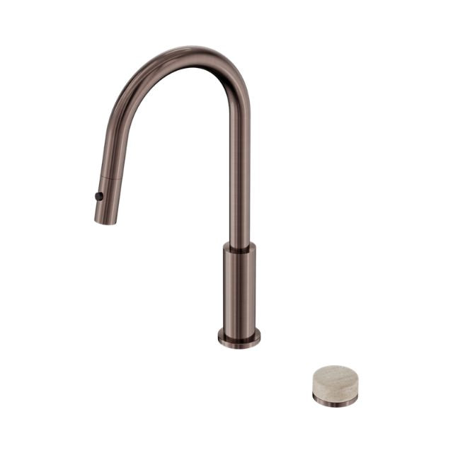 Nero Serenity pull out kitchen mixer in brushed bronze with Rome travertine handle, shown with separate handle piece on white background