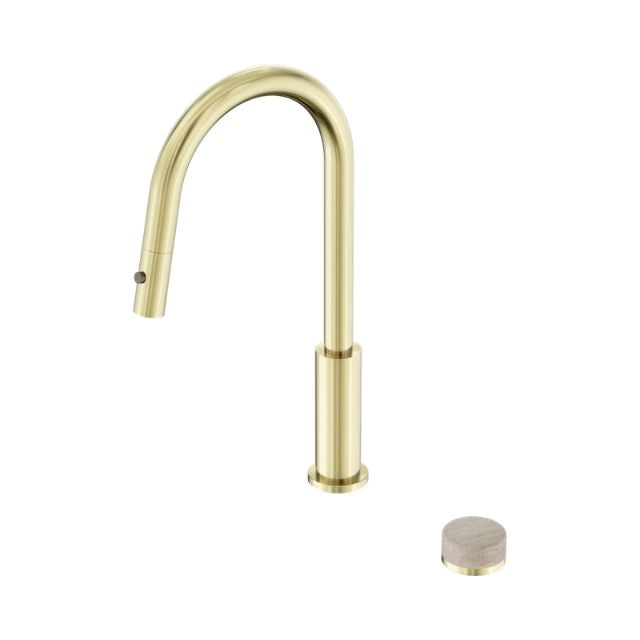 Nero Serenity brushed gold pull out kitchen mixer with Rome travertine handle, shown with separate handle cap on white background