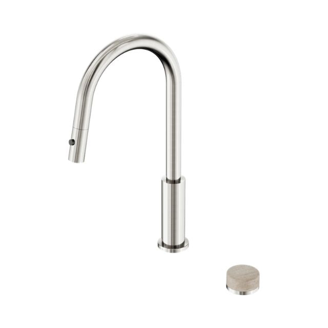 Nero Serenity pull out kitchen mixer in brushed nickel with travertine handle, shown with tall gooseneck spout and separate knob