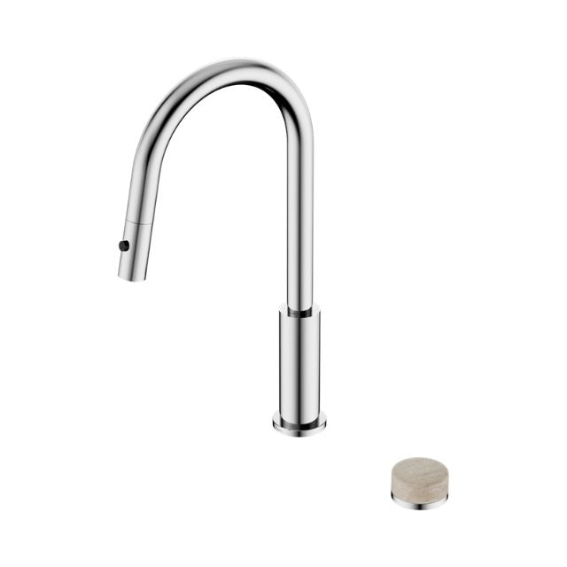 Nero Serenity progressive pull out kitchen mixer in chrome with travertine stone handle, shown on white background