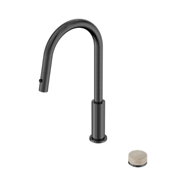 Nero Serenity pull out kitchen mixer in gun metal with Rome travertine handle, shown with separate handle detail view
