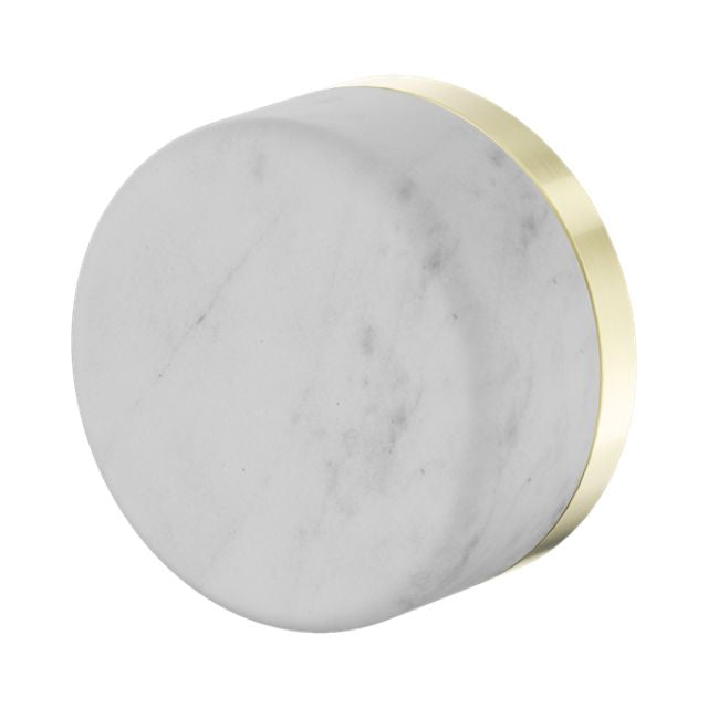 Nero Serenity progressive shower mixer with white Carrara marble handle and brushed gold trim, round front view