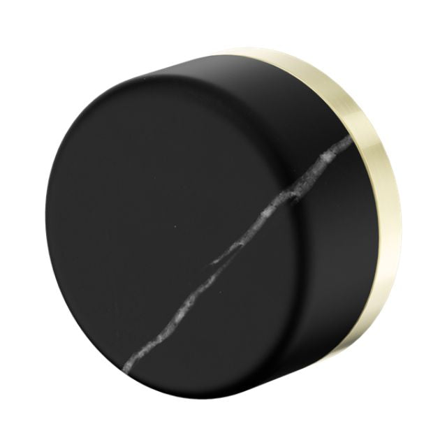 Nero Serenity progressive shower mixer handle in brushed gold with Marquina black stone finish, round detail view