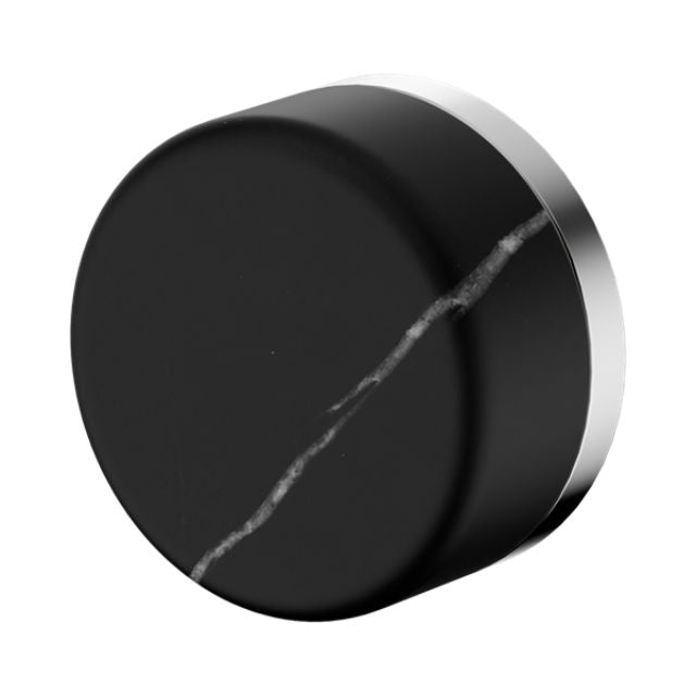 Nero Serenity shower mixer handle with Marquina black marble insert and chrome trim, round front view