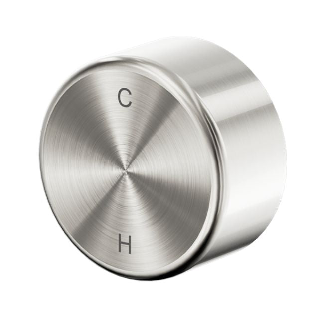 Nero Serenity progressive shower mixer knob in brushed nickel, round wall-mounted tap with C and H markings