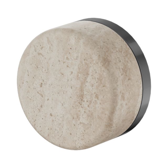 Nero Serenity progressive shower mixer handle in gun metal with Rome travertine stone front, round view