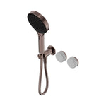 Nero Serenity brushed bronze progressive shower system with Carrara stone handle and hand shower, wall mounted with round controls