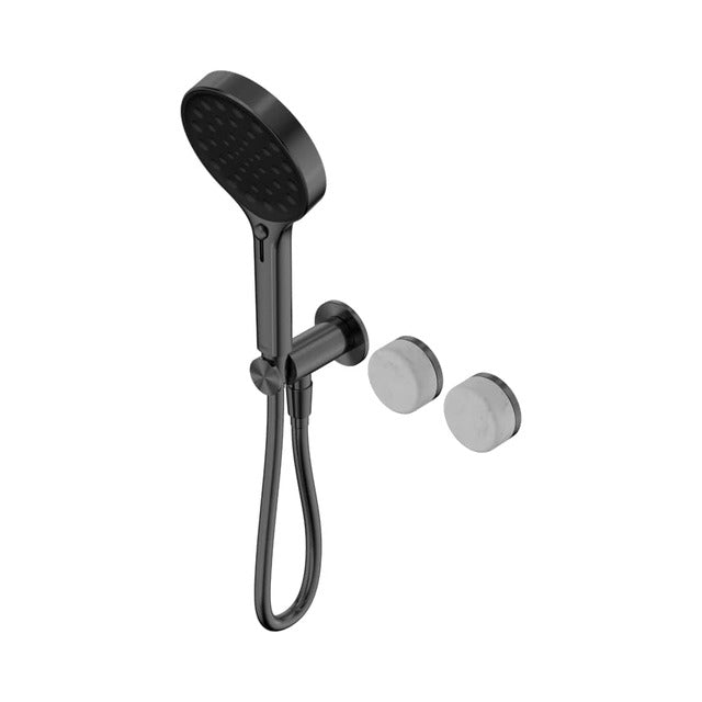 Nero Serenity progressive shower system in gunmetal with hand shower, round wall mixers and hose