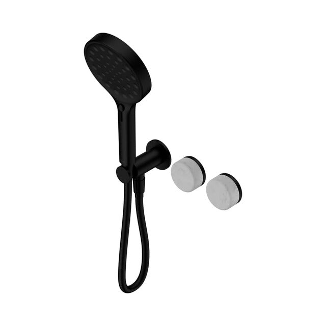 Nero Serenity matte black wall-mounted shower system with hand shower, hose and two Carrara marble handles