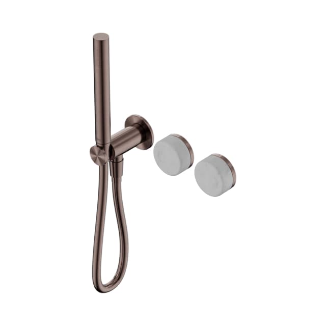 Nero Serenity progressive shower system in brushed bronze with Carrara marble handle and slim hand shower, wall mounted components