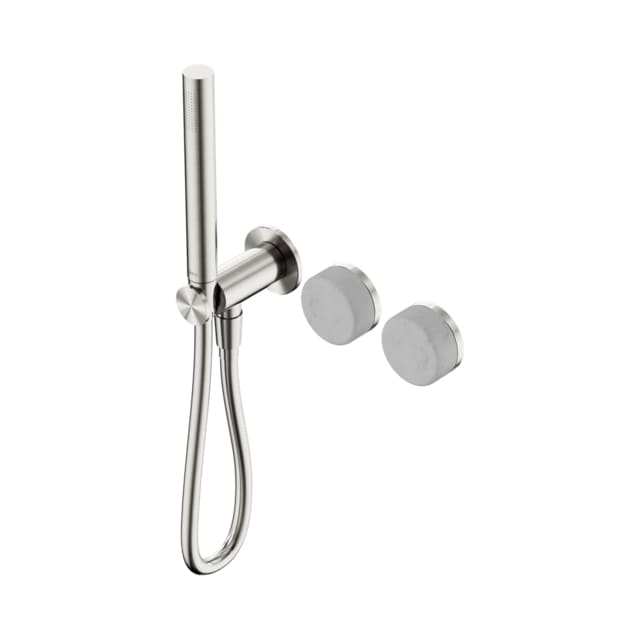 Nero Serenity progressive shower system in brushed nickel with slim hand shower and Carrara handle, wall-mounted