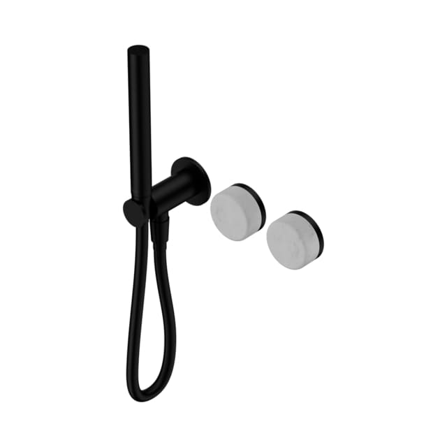 Nero Serenity matte black progressive shower system with Carrara handle, slim hand shower and round wall mixers￼