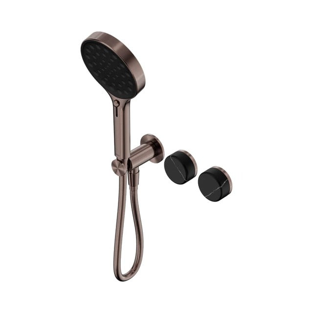 Nero Serenity wall-mounted shower system in brushed bronze with black hand shower and two round black controls on white background