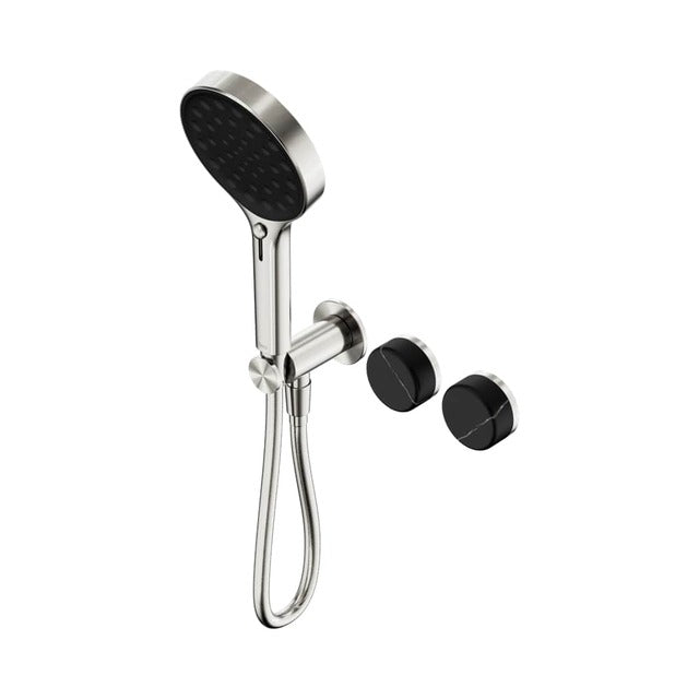 Nero Serenity brushed nickel shower system with black round handle and hand shower, wall mounted on white background