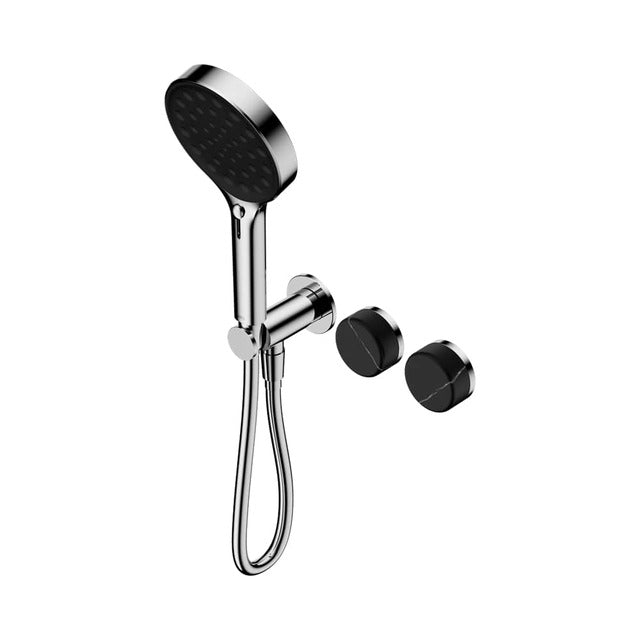 Nero Serenity progressive shower system in chrome with black handle and hand shower, wall-mounted mixer set