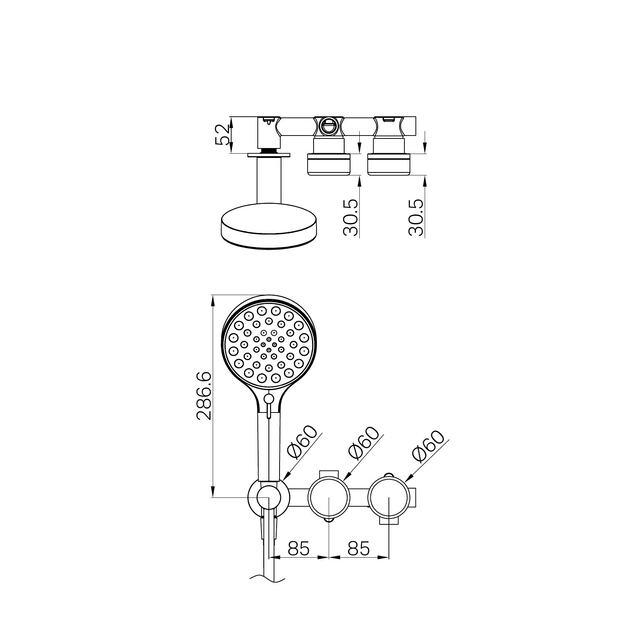 Technical line drawing of Nero Serenity progressive shower system with round hand shower and wall-mounted controls, showing dimensions.
