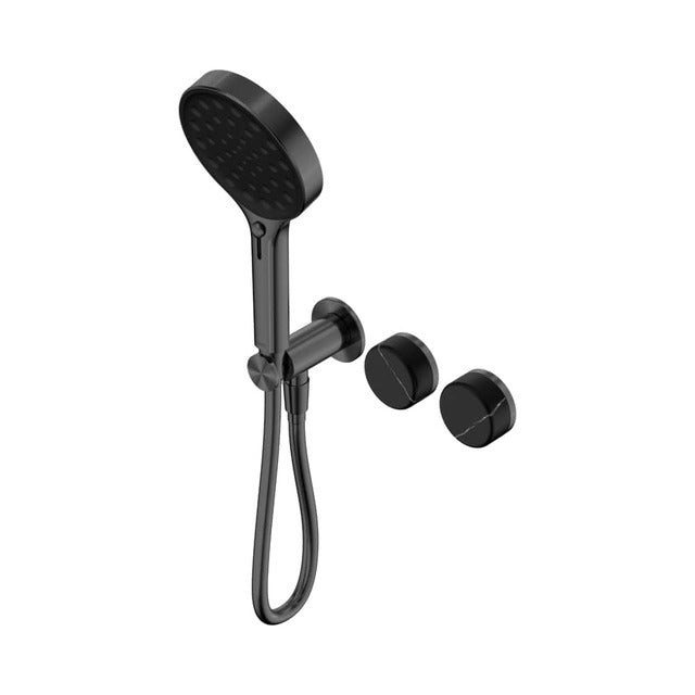 Nero Serenity progressive shower system in gunmetal with hand shower and round wall mixer trim, black finish