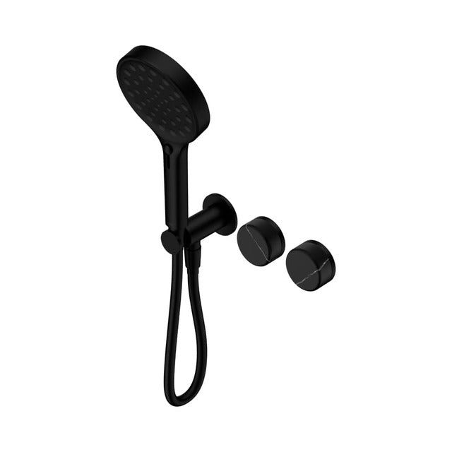 Nero Serenity matte black shower system with hand shower and round wall mixer controls, wall mounted on white background
