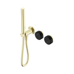 Nero Serenity shower system in brushed gold with Marquina black handle and slim hand shower, wall-mounted mixer set