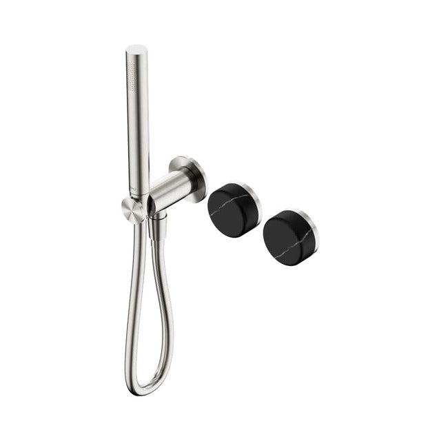 Nero Serenity progressive shower system in brushed nickel with black marble handles and slim hand shower, wall mounted