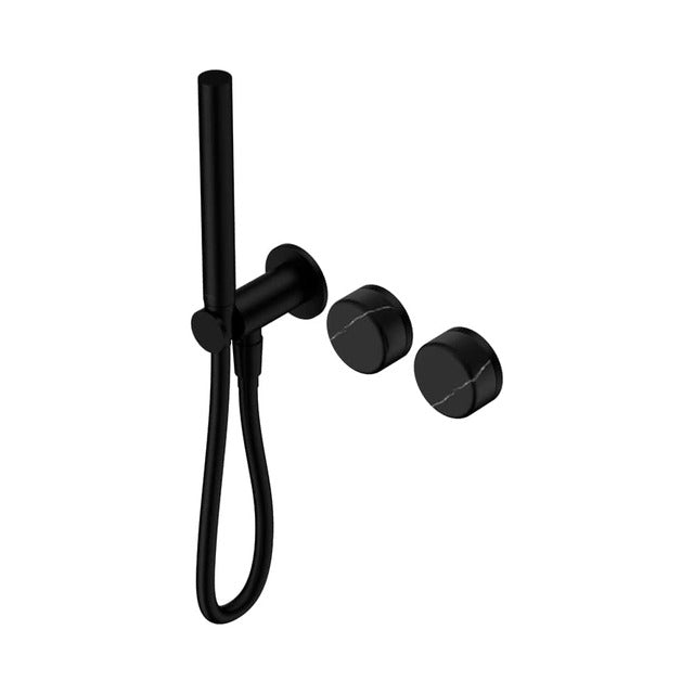 Nero Serenity progressive shower system in matte black with Marquina black handle and slim hand shower, wall-mounted trim kit