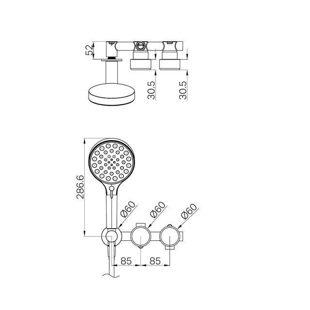Technical drawing of Nero Serenity progressive shower system with metal handle and round hand shower, brushed bronze finish, showing dimensions