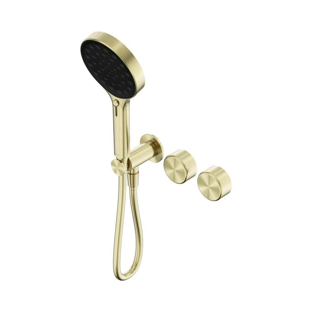 Nero Serenity brushed gold progressive shower system with hand shower and two wall taps on white background