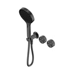 Nero Serenity progressive shower system with hand shower in gunmetal, wall-mounted with two round controls