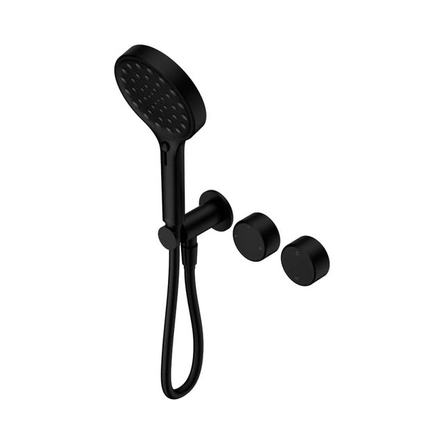 Nero Serenity matte black progressive shower system with metal handle, hand shower and two round controls on white background
