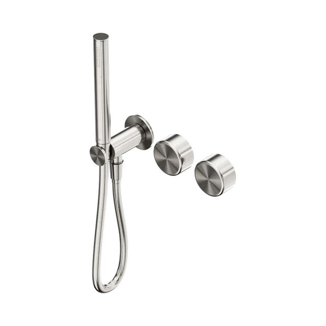 Nero Serenity brushed nickel progressive shower system with slim hand shower and round metal handle, wall mounted