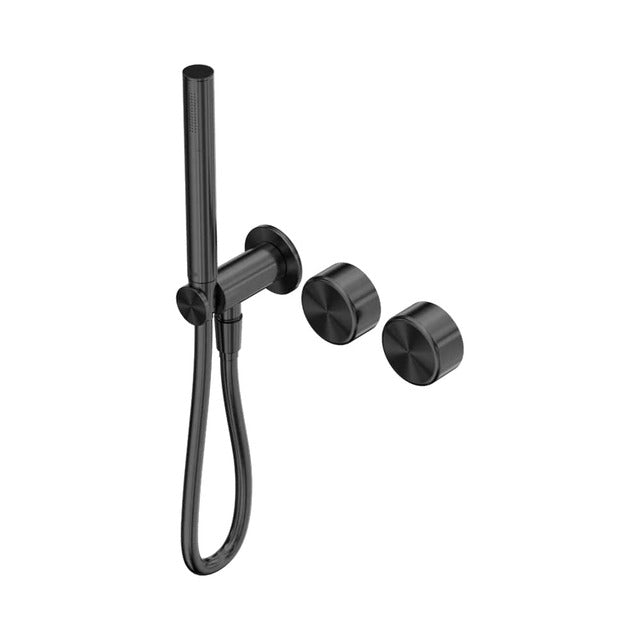 Nero Serenity progressive shower system in gunmetal with slim hand shower, wall-mounted trim and round controls