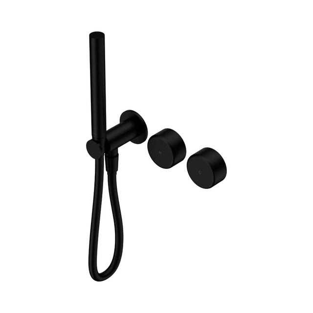 Nero Serenity matte black progressive shower system with metal handle, slim hand shower and round wall mixer controls