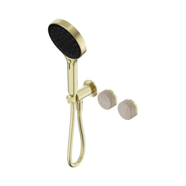 Nero Serenity brushed gold progressive shower system with travertine handles and black hand shower, wall mounted
