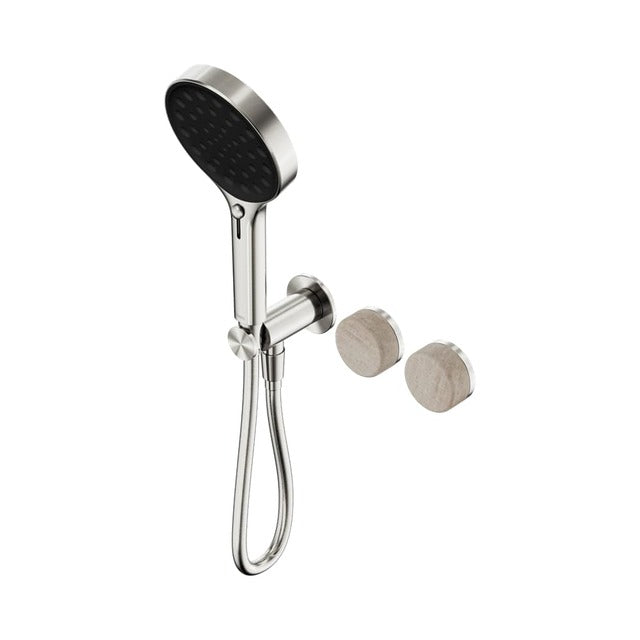 Nero Serenity brushed nickel shower system with Rome Travertine handles and hand shower, wall-mounted on white background